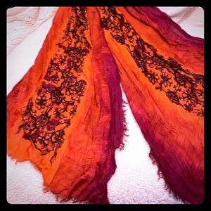 Scarf burgundy, orange with black flower print.